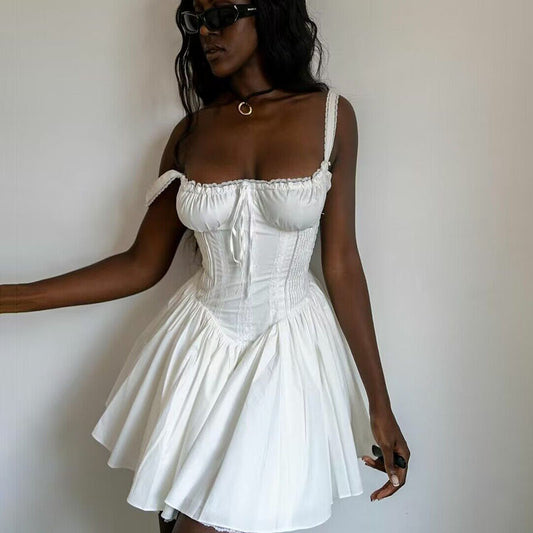 Sexy Dopamine Ballet Princess Short Skirt with Lace-Up Herringbone Tunic Slip Dress