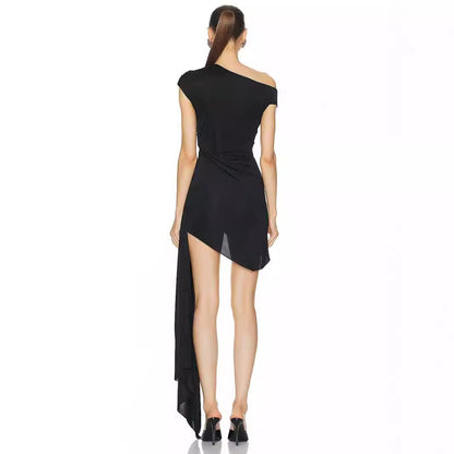 Elegant Black One-Shoulder Flower Diamond Dress  Perfect for Spring/Summer Parties