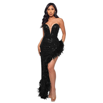 Elegant Feather Sequin Strapless Dress - Deep V High-Low Evening Gown