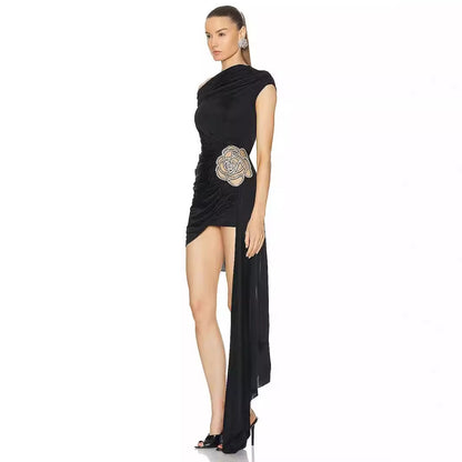 Elegant Black One-Shoulder Flower Diamond Dress  Perfect for Spring/Summer Parties