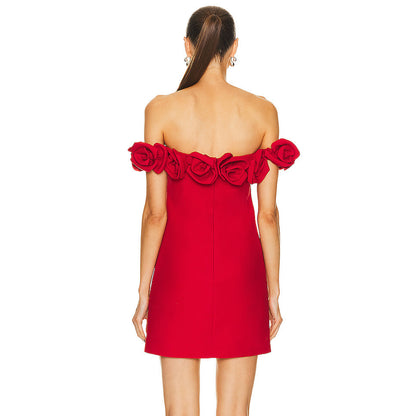 Elegant Red One-Shoulder Flower Bandage Dress  High-End European and American Style