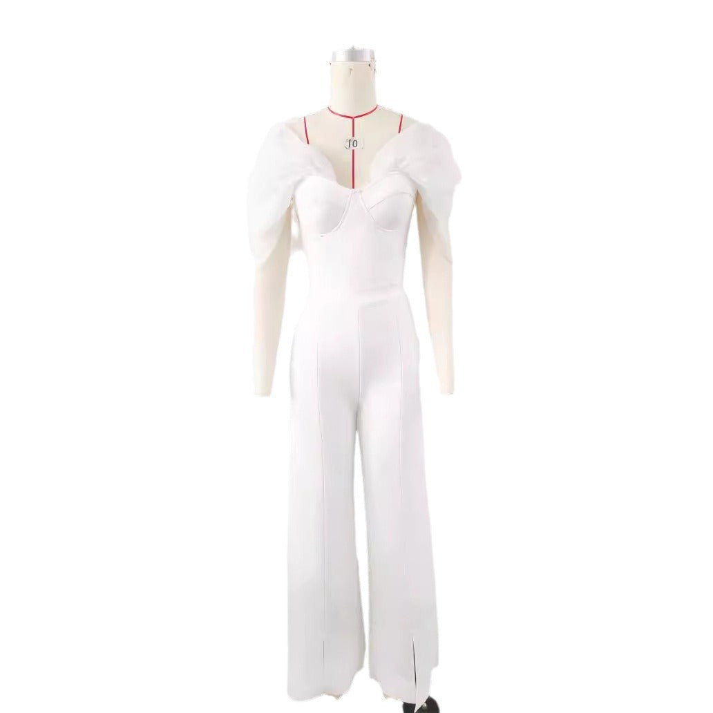 High-End White Organza One-Shoulder Bandage Jumpsuit