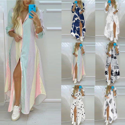 Summer Chic Womens Long Chiffon Shirt Dress  Printed Maxi Dress with High Waist and Fly Sleeve