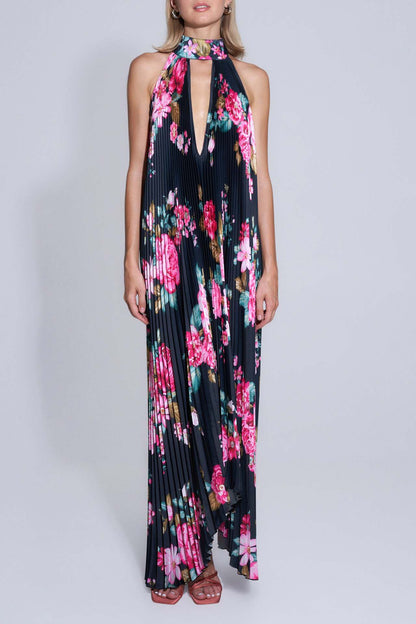 Elegant Deep V Halterneck Sleeveless Pleated Maxi Dress - Floral Print Summer Fashion