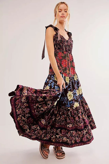 Retro Print Long Sundress with Bandeau Backless Design for Women