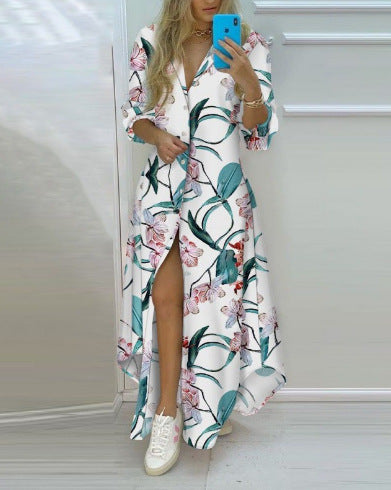 Summer Chic Womens Long Chiffon Shirt Dress  Printed Maxi Dress with High Waist and Fly Sleeve