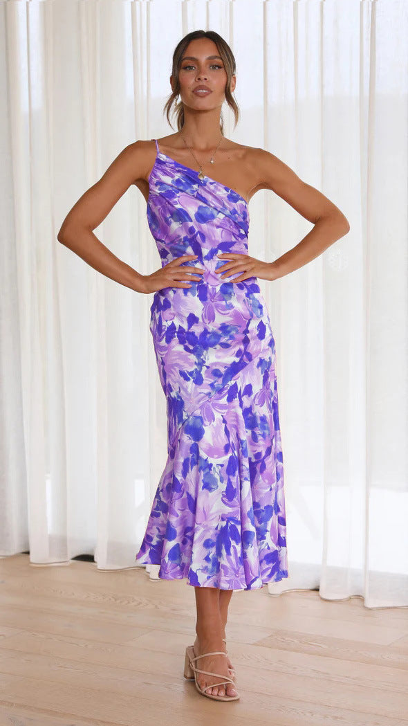 Elegant One-Shoulder Fishtail Floral Dress - Spring Collection