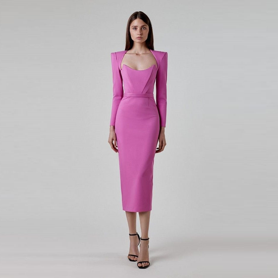 Elegant Long-Sleeve Square Neck Bandage Dress  Hepburn Style for Spring/Summer