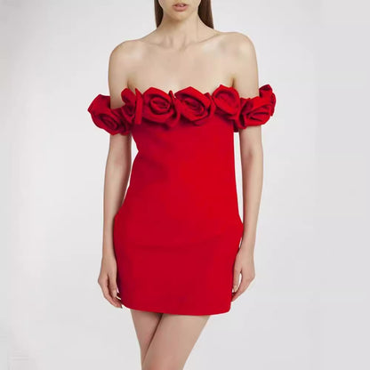 Elegant Red One-Shoulder Flower Bandage Dress  High-End European and American Style