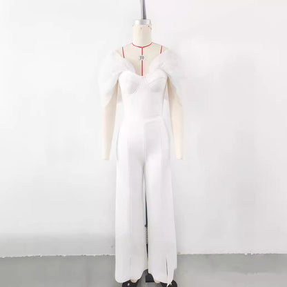 High-End White Organza One-Shoulder Bandage Jumpsuit