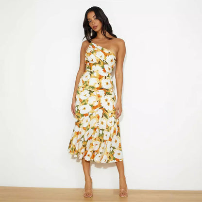 Elegant One-Shoulder Fishtail Floral Dress - Spring Collection