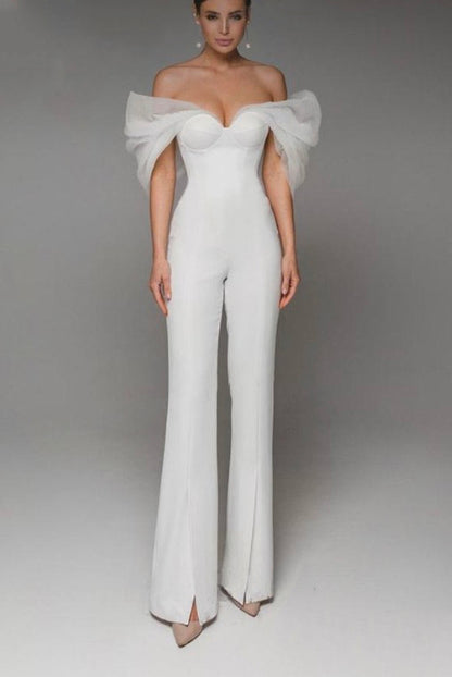 High-End White Organza One-Shoulder Bandage Jumpsuit