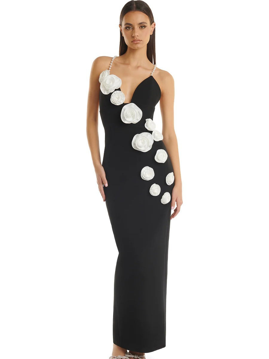 Elegant Black Pearl Strap Dress with 3D Floral Design  Perfect for Parties and Evening Events