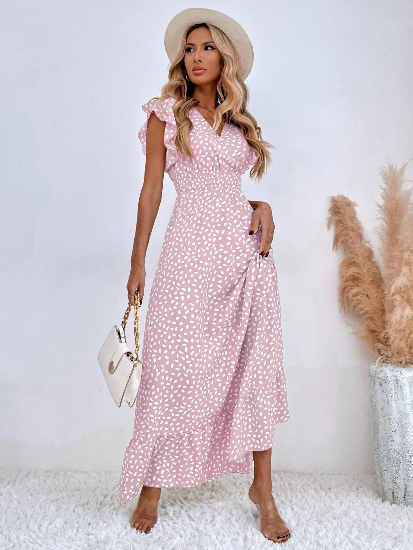 Elegant V-Neck Ruffle Long Dress - Spring/Summer Collection