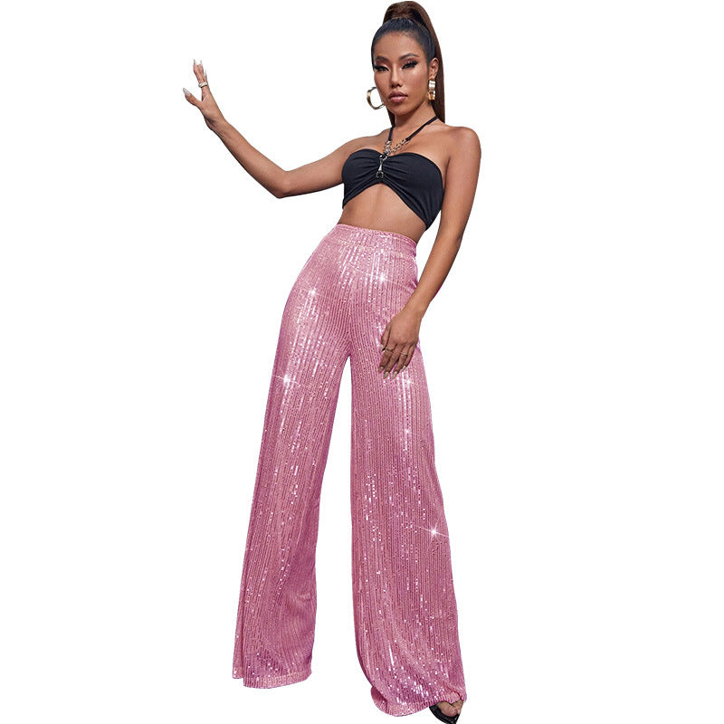 High-Waisted Sequin Wide-Leg Pants - Fashionable Loose Drape Summer Trousers