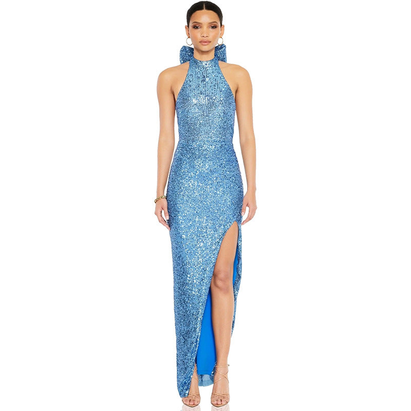 Elegant Halter Neck Sequin Maxi Dress with Bow and High Slit - Summer Evening Gown