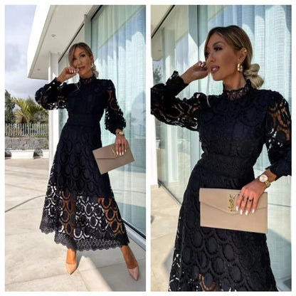 Elegant Lace Stand-Up Collar Dress - Puff Sleeves, Waist Cinched Long Skirt