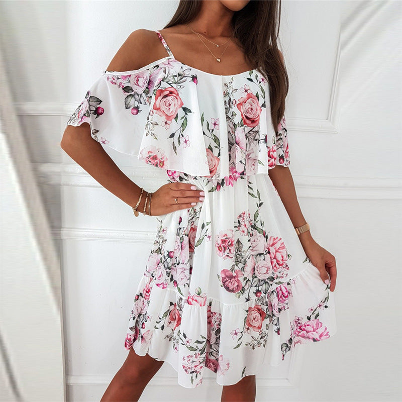 Elegant Chiffon Off-the-Shoulder Floral Dress - Summer Collection