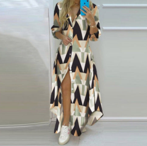 Summer Chic Womens Long Chiffon Shirt Dress  Printed Maxi Dress with High Waist and Fly Sleeve