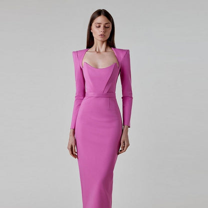 Elegant Long-Sleeve Square Neck Bandage Dress  Hepburn Style for Spring/Summer