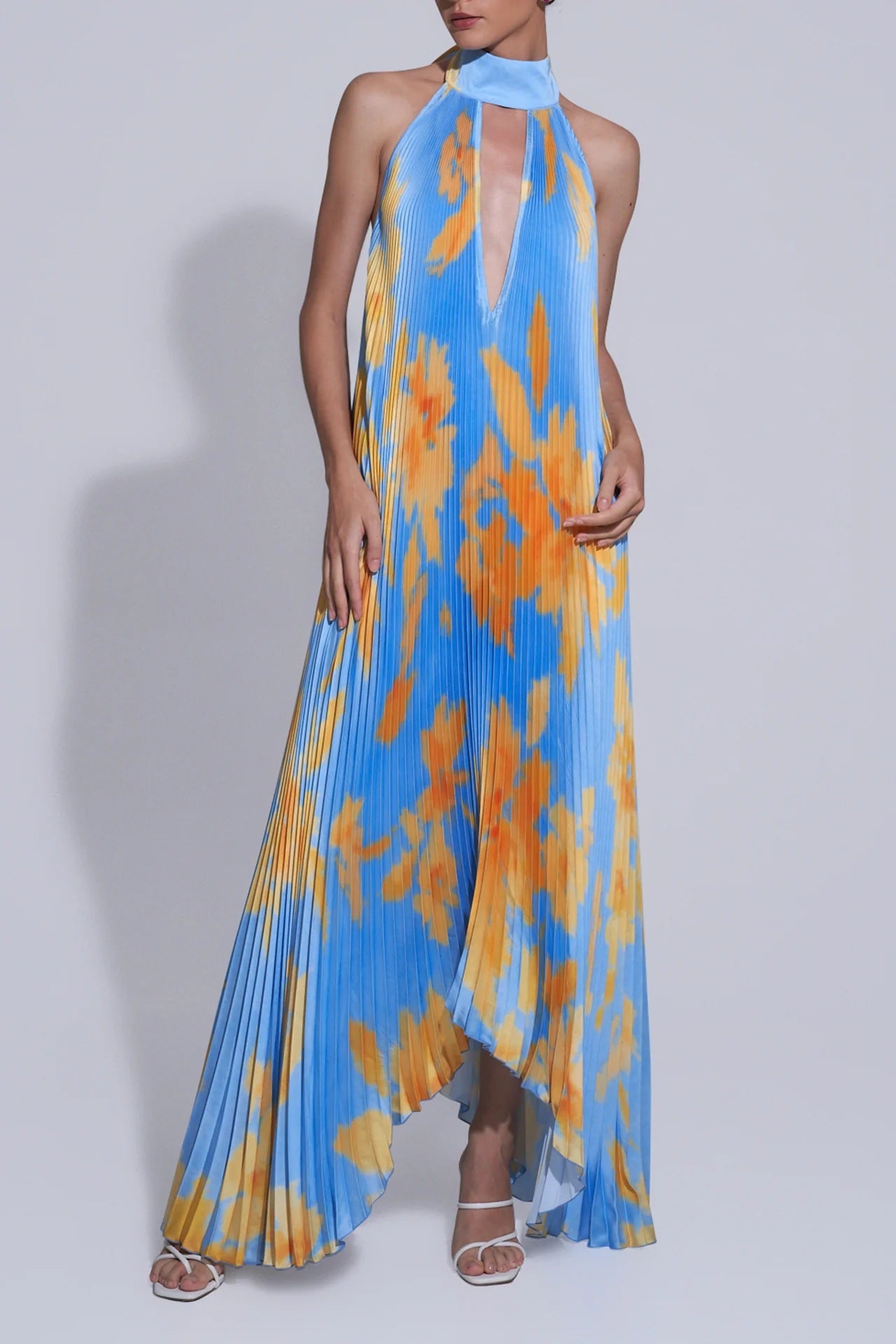 Elegant Deep V Halterneck Sleeveless Pleated Maxi Dress - Floral Print Summer Fashion