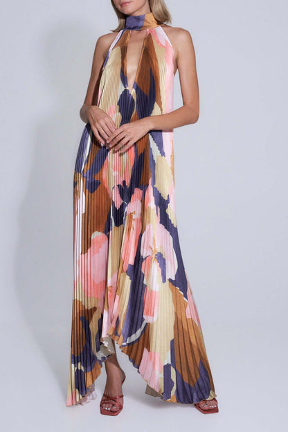 Elegant Deep V Halterneck Sleeveless Pleated Maxi Dress - Floral Print Summer Fashion