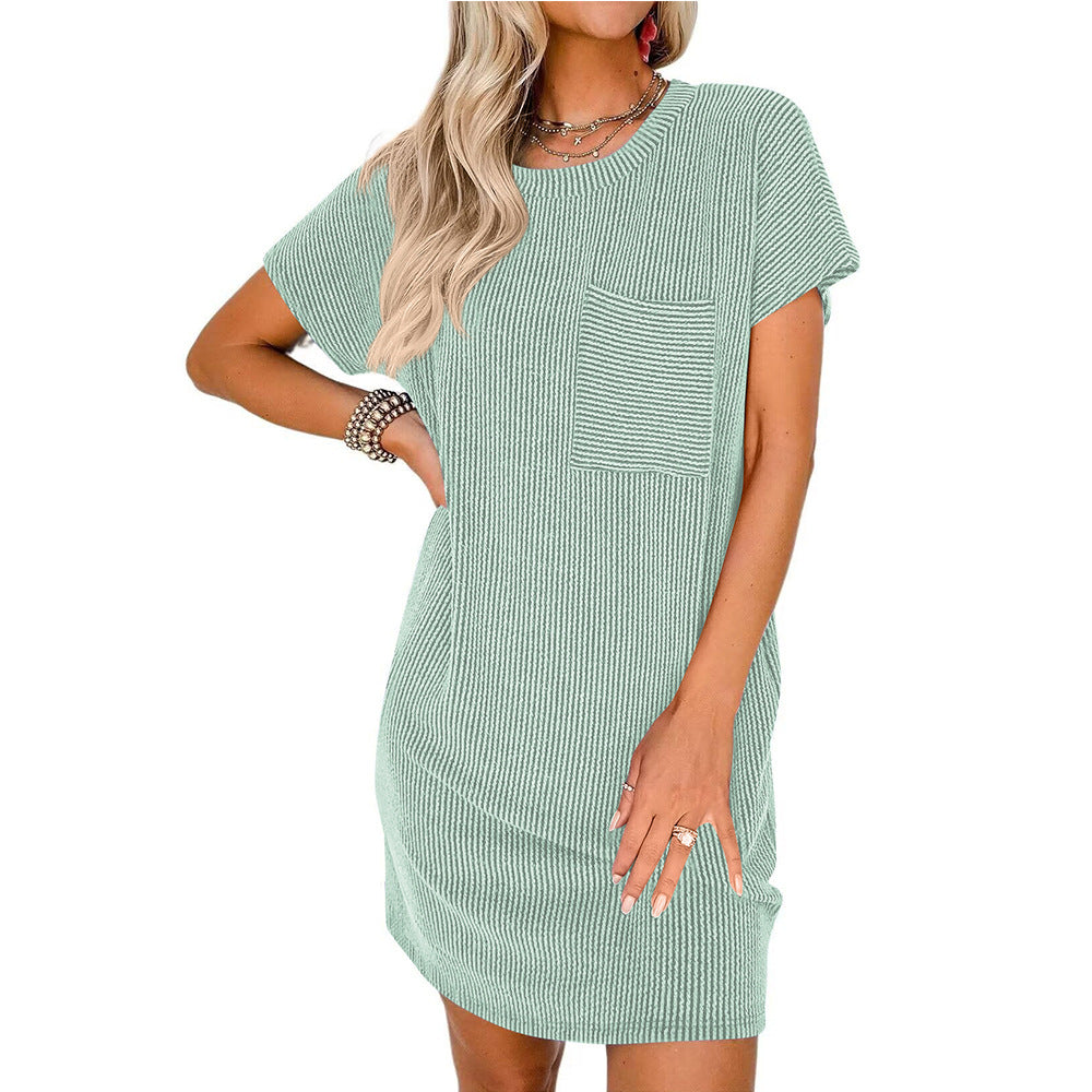 Summer Casual Women's Short-Sleeved Pocket Dress with Contrasting Twisted Stripes