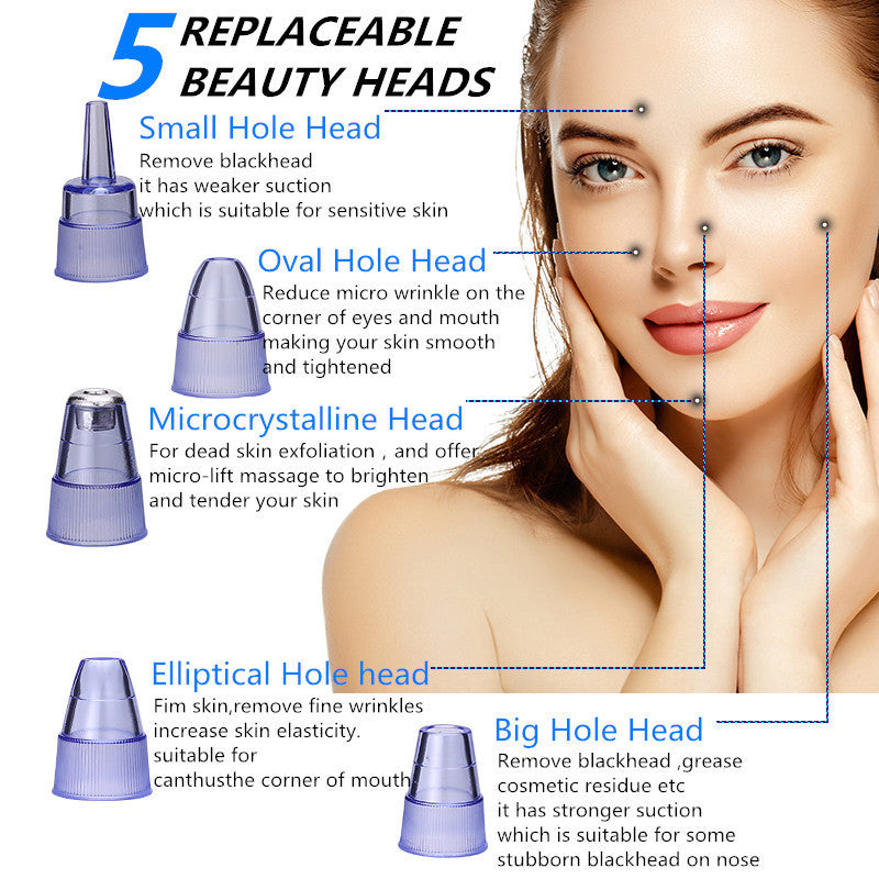 Blackhead remover with LCD display and six interchangeable suction heads, ideal for skin rejuvenation and blackhead removal