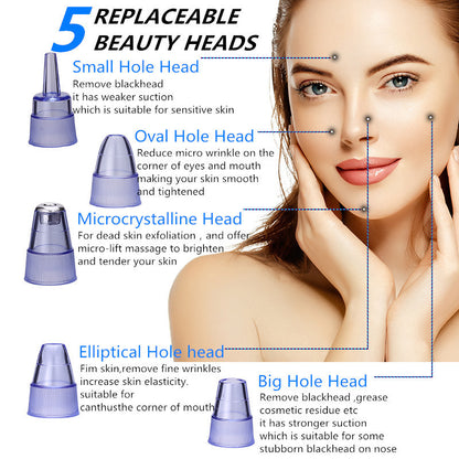 Blackhead remover with LCD display and six interchangeable suction heads, ideal for skin rejuvenation and blackhead removal