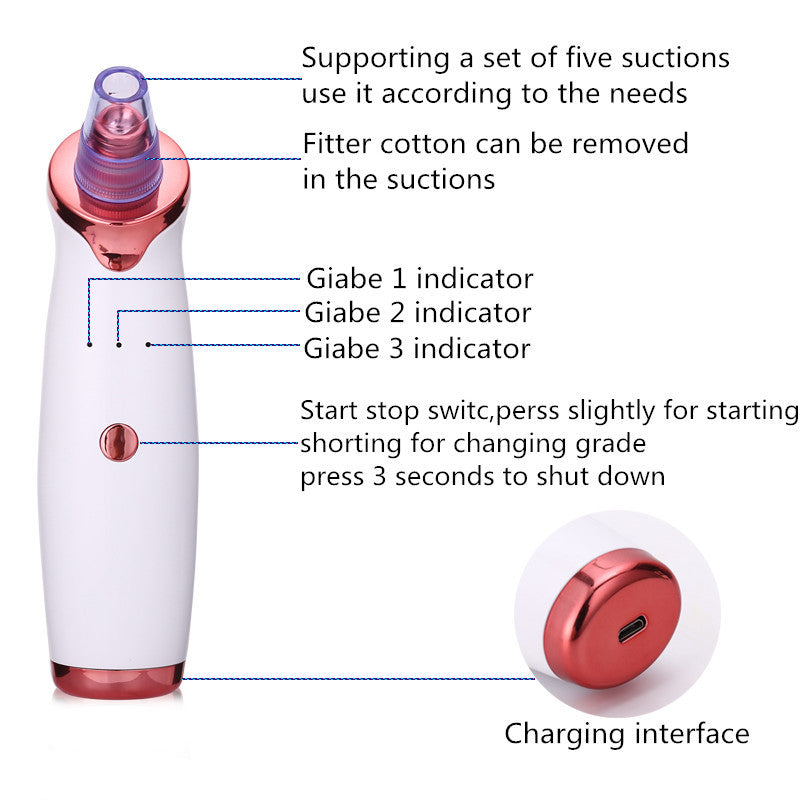 Close-up of blackhead remover detailing suction levels, charging port, and multifunctional design for acne treatment