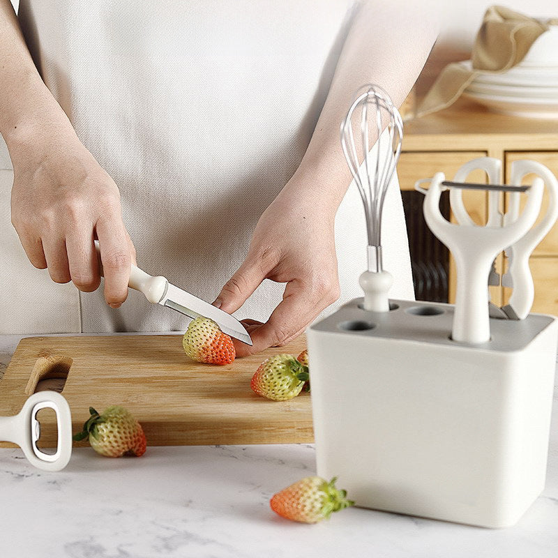 Stylish all-in-one kitchen gadget set with a clean white design and modern storage holder