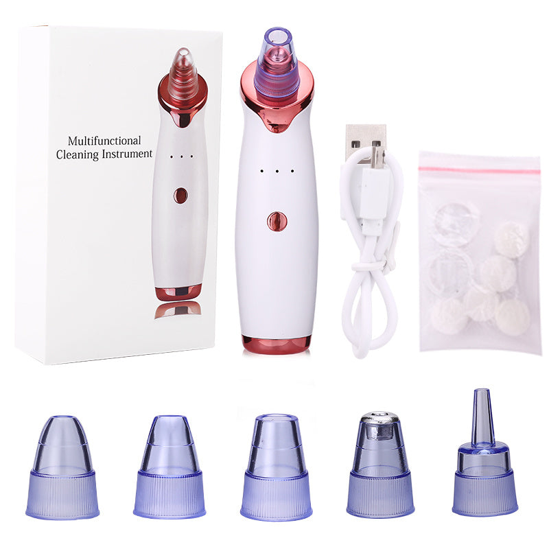 Complete facial pore cleaning tool set featuring 5 suction probes, USB charging cable, and rubber rings