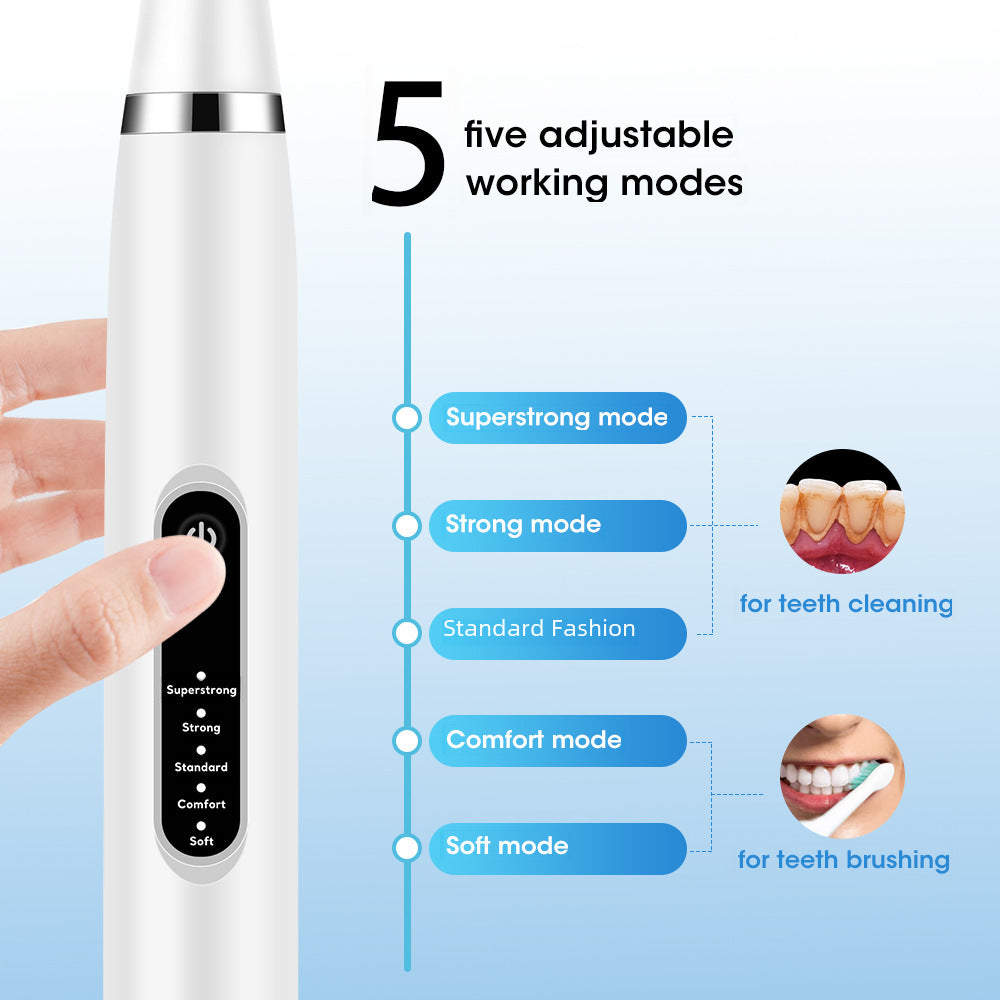 Electric dental tool with five working modes, including superstrong and soft settings, for customized teeth cleaning