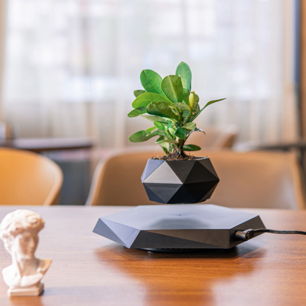 Modern levitating plant pot with a sleek geometric design, showcasing greenery above its base