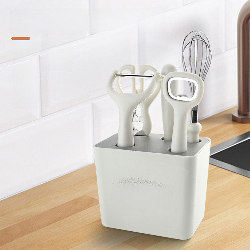 Lightweight kitchen tools in white, ideal for slicing, whisking, and peeling, with compact organizer