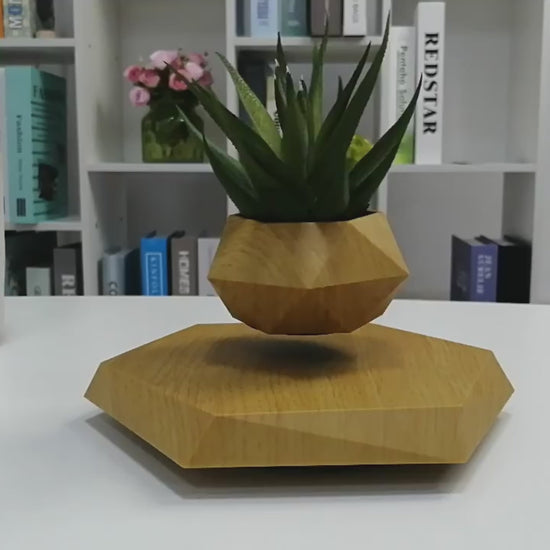 Magnetic levitating plant pot with a geometric black design, ideal for modern home decor