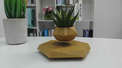 Magnetic levitating plant pot with a geometric black design, ideal for modern home decor