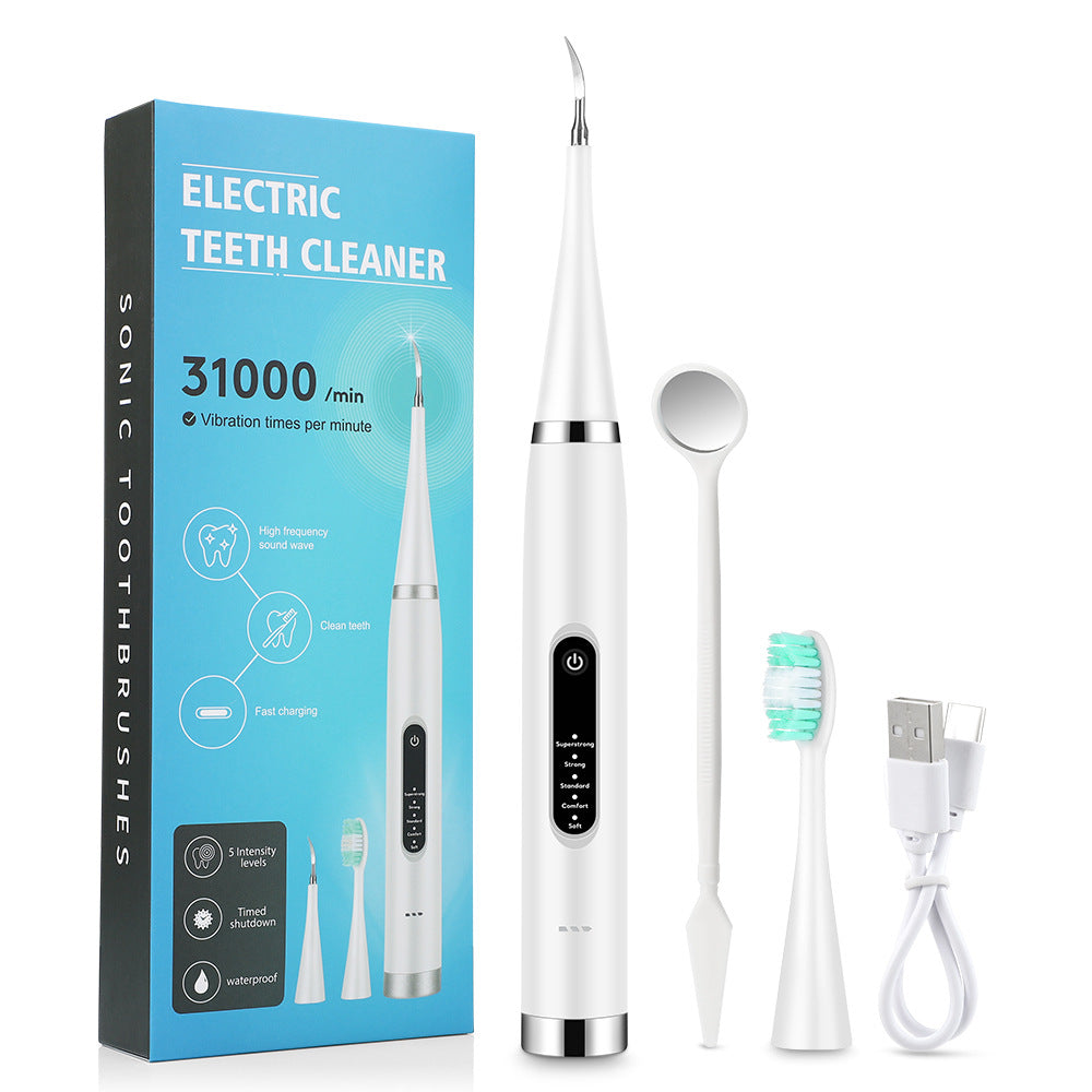 Rechargeable dental cleaning device with ergonomic design, lithium battery, and IPX6 waterproof rating for durable use