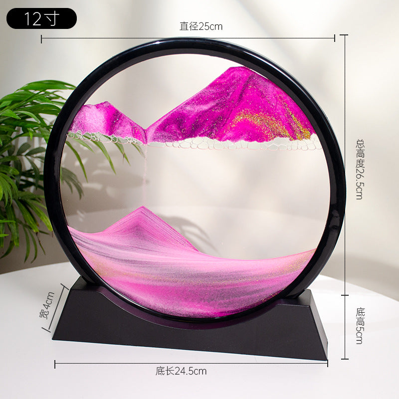 Contemporary circular sand art with flowing motion and a sleek black base for tabletops